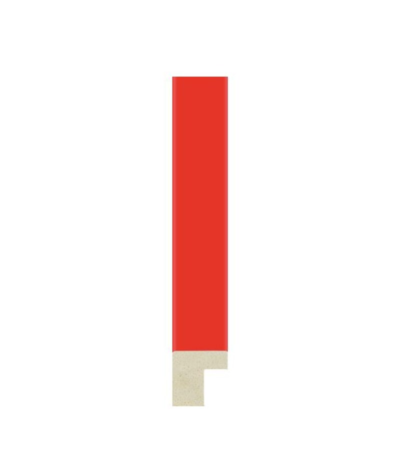 May include: A vertical rectangular frame molding segment featuring a vibrant red finish on the long outer surface and a light beige, textured, unfinished wood profile visible at the bottom edge, showcasing the cross-section of the frame material.