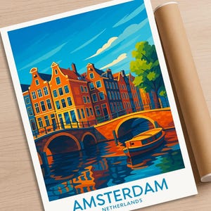 Amsterdam Canal House Print: Netherlands Travel Poster, Dutch Decor