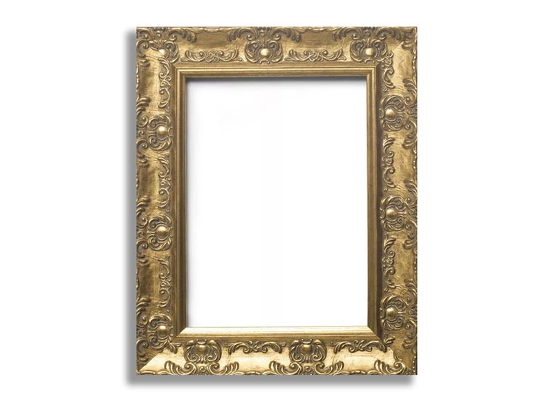 Ornate antique-style gold picture frame with detailed Baroque floral scrollwork, decorative raised moulding and a distressed gold finish, shown vertically with a blank white centre.