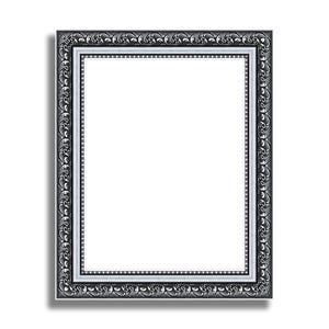Könnte beinhalten: Ein rechteckiger Bilderrahmen mit einem dekorativen schwarz-silbernen Rand. Der Rahmen hat ein verziertes Design mit einem weißen Innenraum, ideal für die Präsentation von Fotos oder Kunstwerken. Der Rahmen ist vor einem weißen Hintergrund platziert.
