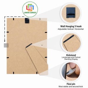 May include: A rectangular light brown cardboard picture frame backing featuring a black wall hanging S hook for vertical or horizontal orientation, a kickstand for landscape or portrait display, and metal flexi pins for a secure closure.