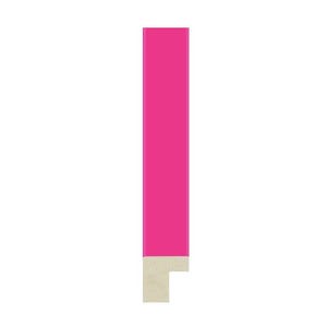 May include: A vertical rectangular picture frame molding segment featuring a vibrant hot pink finish on the front face and a light beige, textured, unfinished wood profile visible along the bottom edge and the inner side of the frame section.