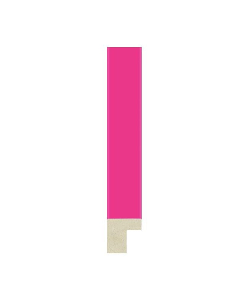May include: A vertical rectangular picture frame molding segment featuring a vibrant hot pink finish on the front face and a light beige, textured, unfinished wood profile visible along the bottom edge and the inner side of the frame section.