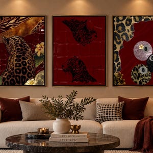 May include: A set of three rectangular wall art prints featuring a deep red background. The left print shows a leopard, the centre print displays two leopard silhouettes, and the right print includes leopard print patterns and three billiard balls.