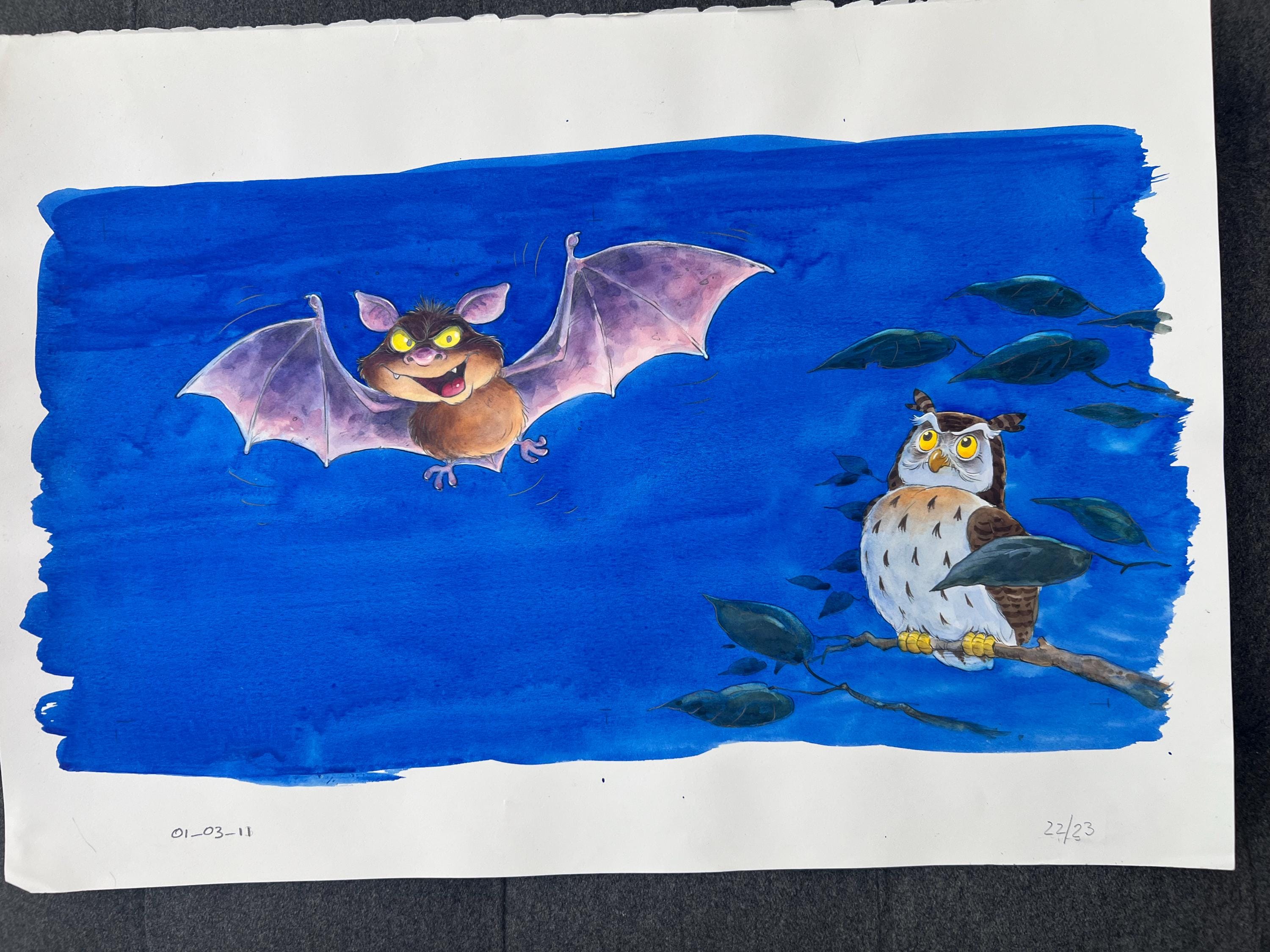 Original Owl and Bat Watercolor Illustration by Steve Smallman