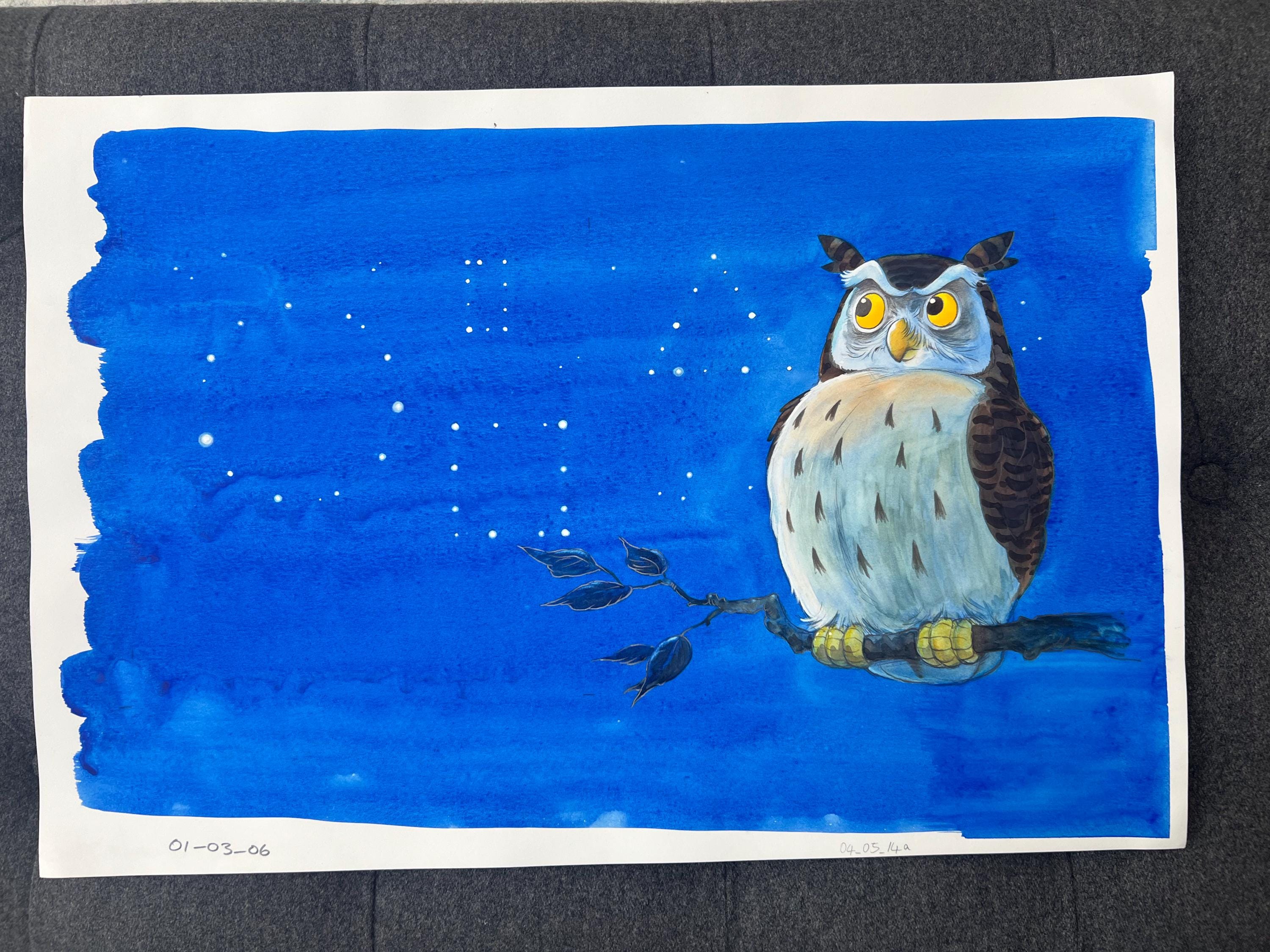 Original Owl Watercolor Painting &ndash; Steve Smallman Illustration, Starry Night