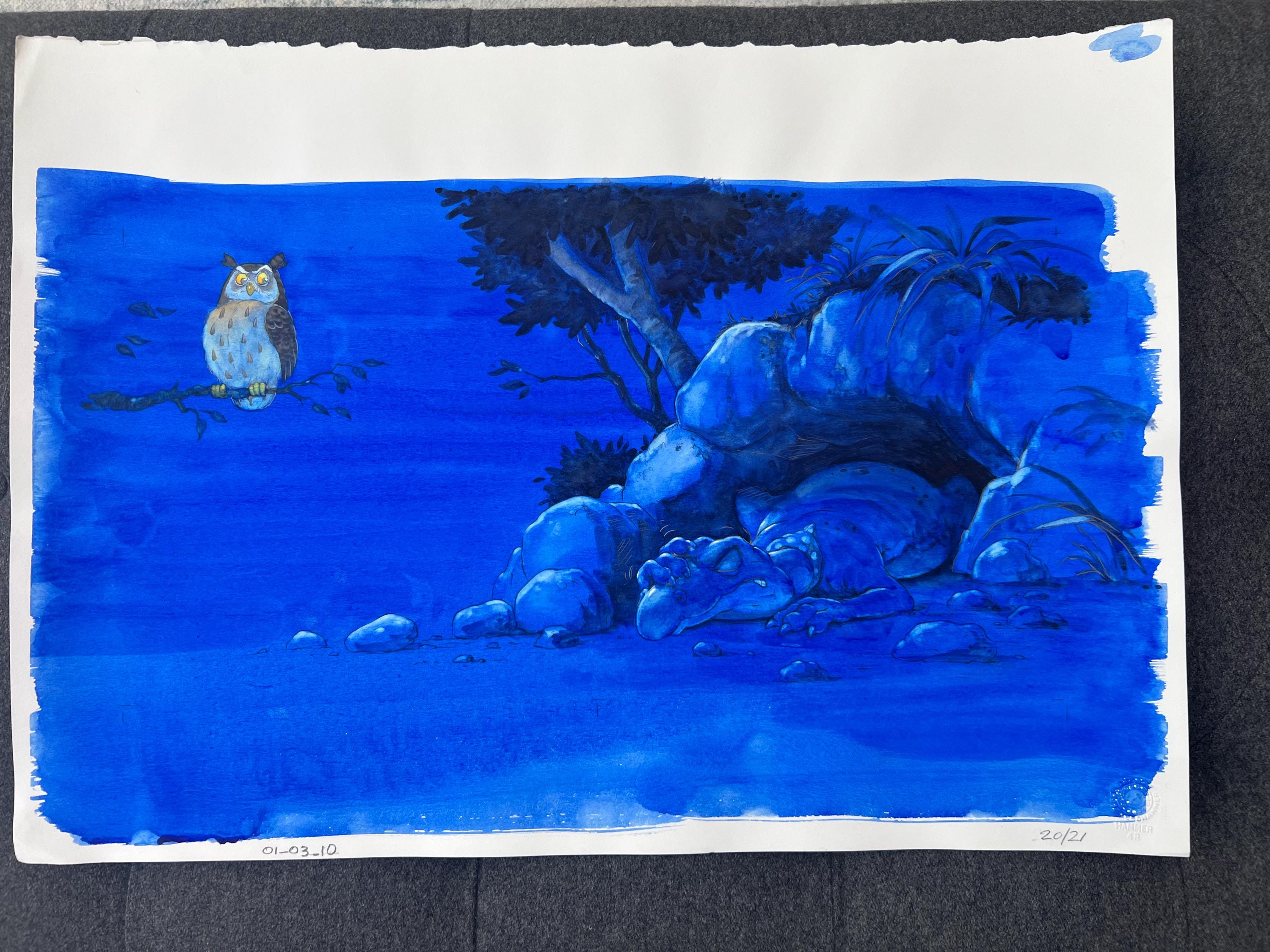 Original Owl and Dragon Watercolor Painting by Steve Smallman