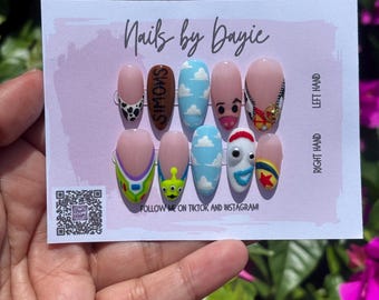Custom Toy Story Press On Nails | Woody, Buzz, Alien, Forky Inspired Nail Art