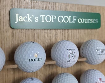 Expositor de pelotas de golf de roble personalizado, etiqueta con texto personalizado, decoración de pared con recuerdos de golf.
