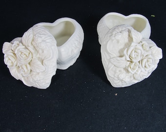 Vintage Pair of Larger Bisque Ceramic Rose Flower Covered Trinket Jewelry Dish Box