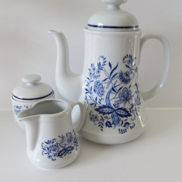 Vintage Bareuther Waldsassen Bavarian Germany Teapot Coffee Sugar and Creamer Midcentury Modern Delft Style