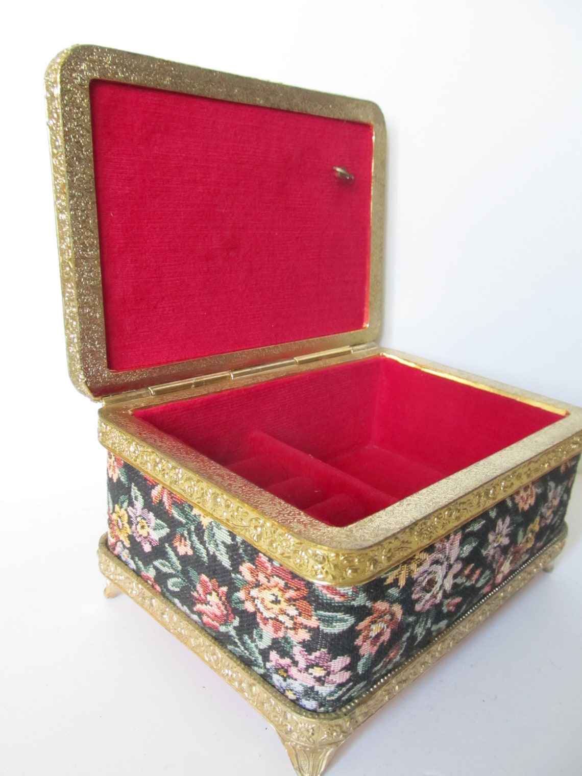 Vintage Tapestry and Brass Hinged Jewelry Music Box Etsy