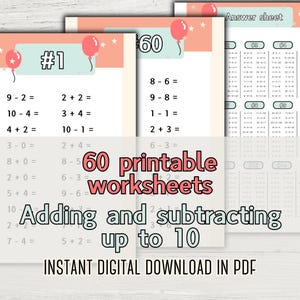 Könnte beinhalten: Ein Satz von 60 druckbaren Arbeitsblättern zum Addieren und Subtrahieren von Zahlen bis 10. Die Arbeitsblätter haben ein farbenfrohes Design mit Ballons und Sternen. Der Text "60 druckbare Arbeitsblätter" ist in fetten roten Buchstaben geschrieben. Der Text "Addieren und Subtrahieren bis 10" ist in fetten blauen Buchstaben geschrieben. Der Text "INSTANT DIGITAL DOWNLOAD IN PDF" ist in schwarzen Buchstaben geschrieben.
