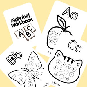 Op de afbeelding: Zwart-wit flashcards uit een alfabetwerkboek. De kaarten bevatten illustraties van een appel, vlinder en kat, elk met letters erin. De bovenste kaart heeft de letters A, B en C.