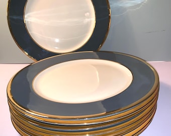 Set of 9 Elegant Royal Devon Dinner Plates, Green Bands, Gold Rims