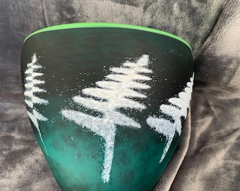 New Zealand Art Glass, 2004, Handblown Green Fern Design, 7" x 8" Signed Lava Glass Bowl by Lynden Over