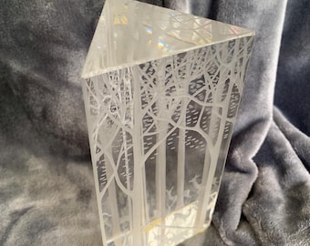 Vicke Lindstrand Solid Crystal Glass with Etched Forest Scene