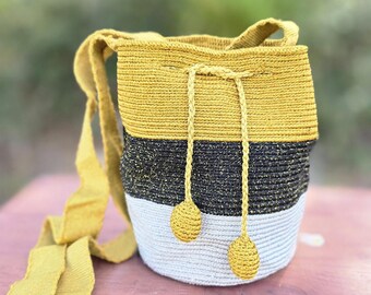 Handmade Wayuu Crossbody Bag: Cotton Silk Metallic Thread, Boho Bucket Purse