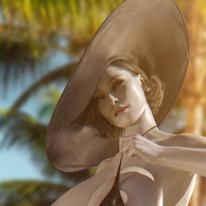 May include: A woman wearing a wide-brimmed hat with a brown and beige color scheme. The hat is tilted down over her face, and she is looking at the camera. The background is blurred and features palm trees.