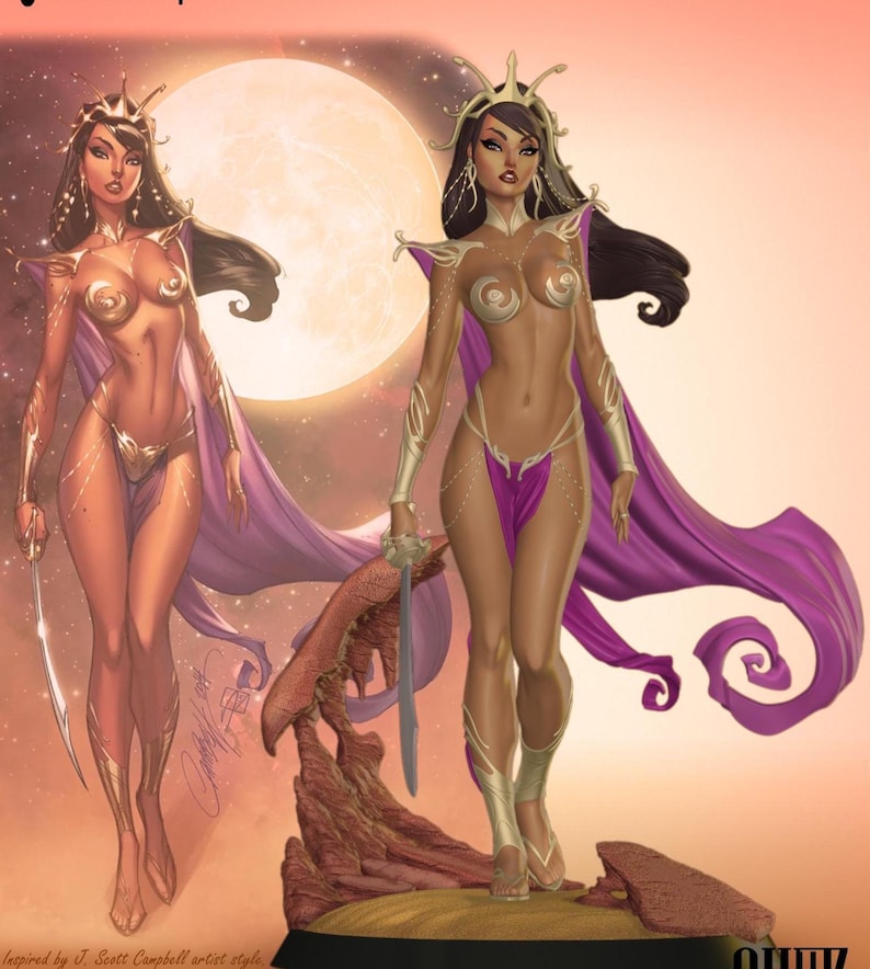 Puede incluir: Ilustraci&oacute;n de arte fant&aacute;stico de una mujer vestida de oro y p&uacute;rpura, sosteniendo una espada. La obra de arte est&aacute; ambientada sobre un fondo de luna llena y un cielo c&aacute;lido anaranjado. La mujer lleva una corona y una capa.