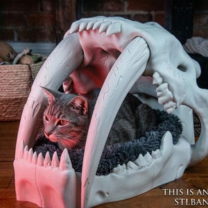 May include: A gray tabby cat rests inside a white, 3D-printed saber-tooth tiger skull cat bed. The bed has a soft, gray interior. A black cat with glowing orange eyes sits in the background. The text "THIS IS AN ORIGINAL STLBANK DESIGN." is visible.