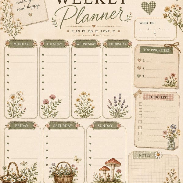 Cottagecore Weekly Planner Printable | Wildflower Botanical Organizer (PDF)