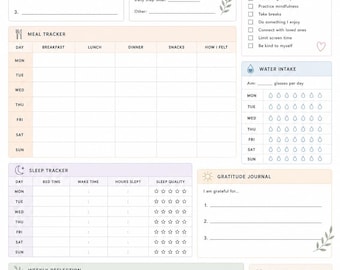 May include: A Wellness Weekly Planner page with sections for goals, fitness, self-care, meal tracking, water intake, sleep, gratitude, and reflection. The layout features soft pastel colours, botanical accents, and text prompts for daily habits.