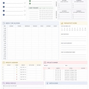 May include: A white weekly planner page titled Productivity Weekly Planner with sections for goals, priorities, habit tracking, an Eisenhower matrix, time blocking from 6 AM to 10 PM, project tracking, a review section, and notes with a quote at the bottom.