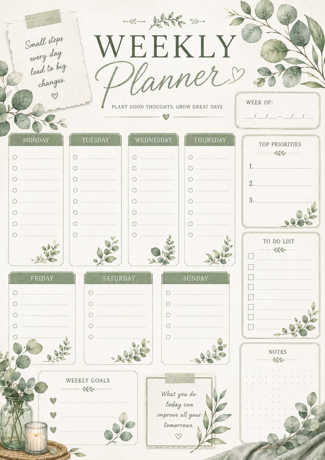 Botanical Weekly Planner Printable | Sage Green Minimalist Organizer ...