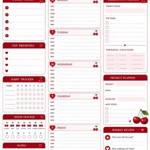 May include: A weekly planner template featuring a cherry theme with red and white color scheme. It includes sections for weekly goals, top priorities, habit tracker, mood tracker, notes, daily schedules from Monday to Sunday, and a weekly review.