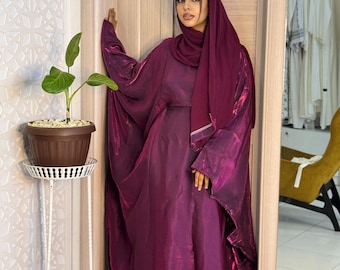 Abaya Rotana Shimmer - Elegant Two-Piece Set with Scarf, Deep Magenta