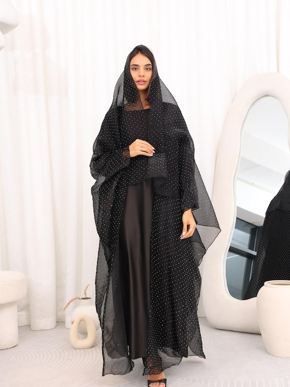 Abaya Layali Black Beaded Organza Abaya Satin Dress & Chiffon Scarf -  Elegant 3-piece Set - Etsy Israel