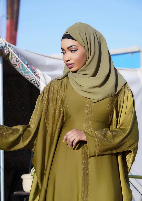 green emerald velvet dress Modest Muslim Woman's Two Piece Butterfly Abaya with Gold Sequins