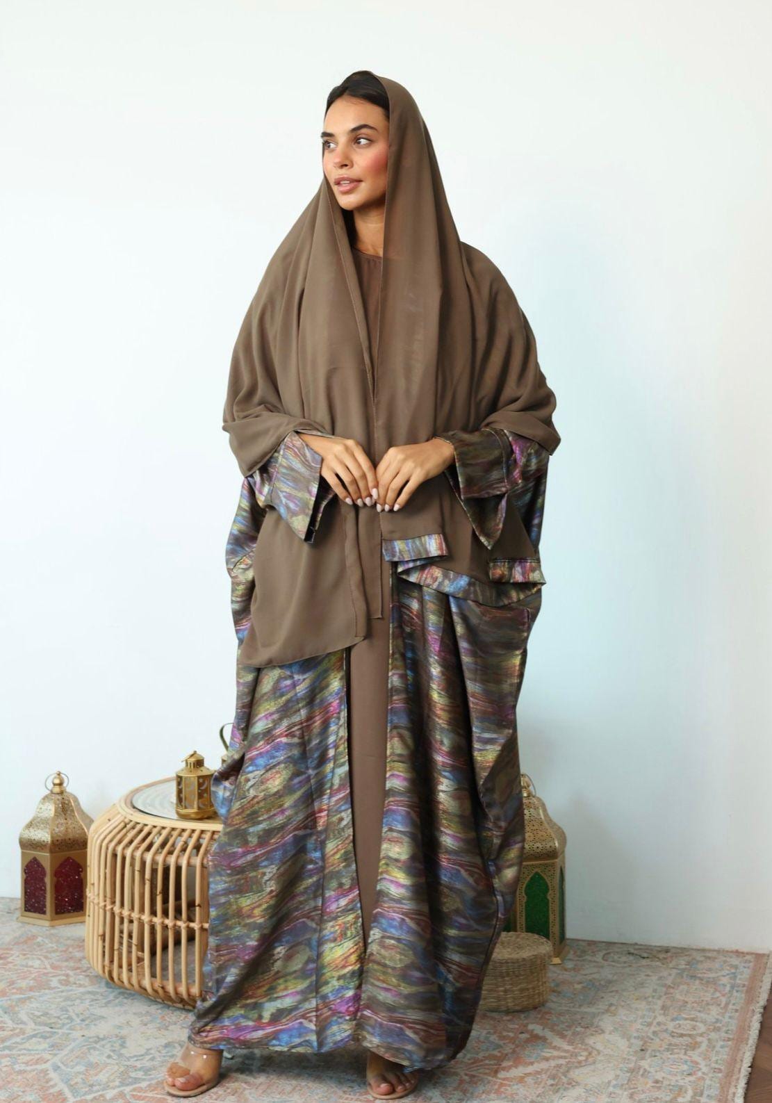 Abaya Aqeela for Women - Rich Brown Zari Velvet Abaya Set – 3-Piece Modest Outfit with Satin Dress & Chiffon Scarf