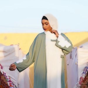 Abaya Hana – Sage Green & White Floral Embroidered Three-Piece Set | Modest Dress | Abaya with Matching Scarf