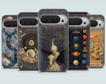 Vintage Astrology Phone Case Solar System Cover for Google Pixel 10, 10Pro, 9Pro, 9A, 9, 8Pro, 7A, 6, Samsung S25Fe, A16, A56, iPhone 18Pro