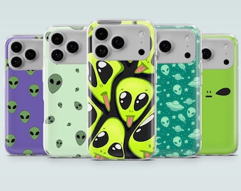 Green Alien Phone Case UFO Space pattern Cover for iPhone 17, 16e, 15, 14, 13, 12, 11, Samsung S26, S25, S24, S23FE, A17, A37, A57, Pixel 10