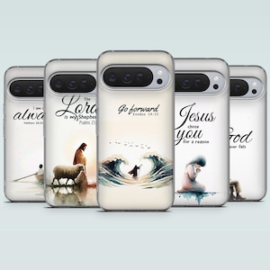 May include: A collection of phone cases with inspirational quotes and religious imagery. Each case features a different design, including text like "Go forward" and "Jesus chose you." The cases have a clear, protective design.