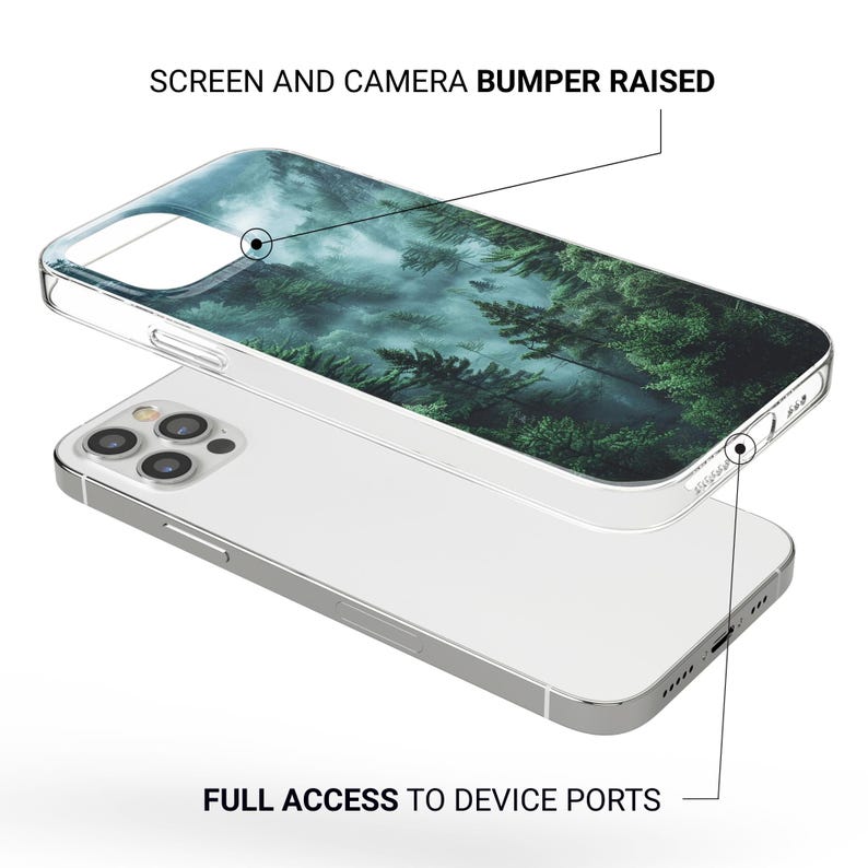 May include: A clear phone case with a misty forest scene printed on the back. The case has raised edges to protect the screen and camera. "SCREEN AND CAMERA BUMPER RAISED" and "FULL ACCESS TO DEVICE PORTS" are printed on the case.