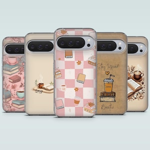 May include: A collection of phone cases with book and coffee-themed designs. The cases feature illustrations of books, coffee cups, and floral patterns in various colors, including pink, brown, and beige. Some cases have text that reads "Stay Inspired" and "Breathe".