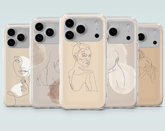 Line Art faces Phone Case Beige Aesthetic Cover for iPhone 17Pro, 16, 15, 14, 13, 12, Samsung S26, S25, S24, S23, A17, A56, A36, Pixel 10, 9