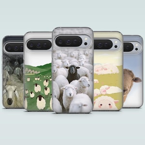 May include: Five phone cases with sheep designs. One case features a black sheep surrounded by white sheep. Other cases show sheep in a field, a close-up of a sheep's face, and a flock of sheep.