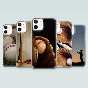 May include: A collection of five phone cases featuring baseball-themed designs. The cases showcase images of baseballs, gloves, bats, and a silhouette of a baseball player at sunset. The cases are clear with black borders.