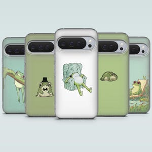 May include: A set of phone cases with cartoon frog illustrations. The frogs are depicted in relaxed poses, including lounging in a chair and sunbathing. The cases have a light green and white colour scheme.