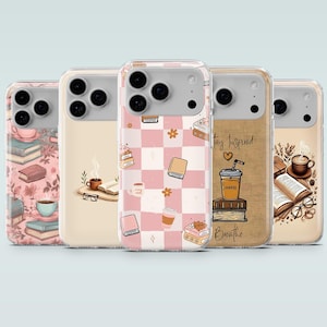 May include: Five phone cases with book and coffee-themed designs. One case has a pink floral pattern, another has a coffee cup and book design, and a third has a pink and white checkered pattern. The fourth case has a coffee cup graphic with the words "Stay Inspired" and "Breathe".