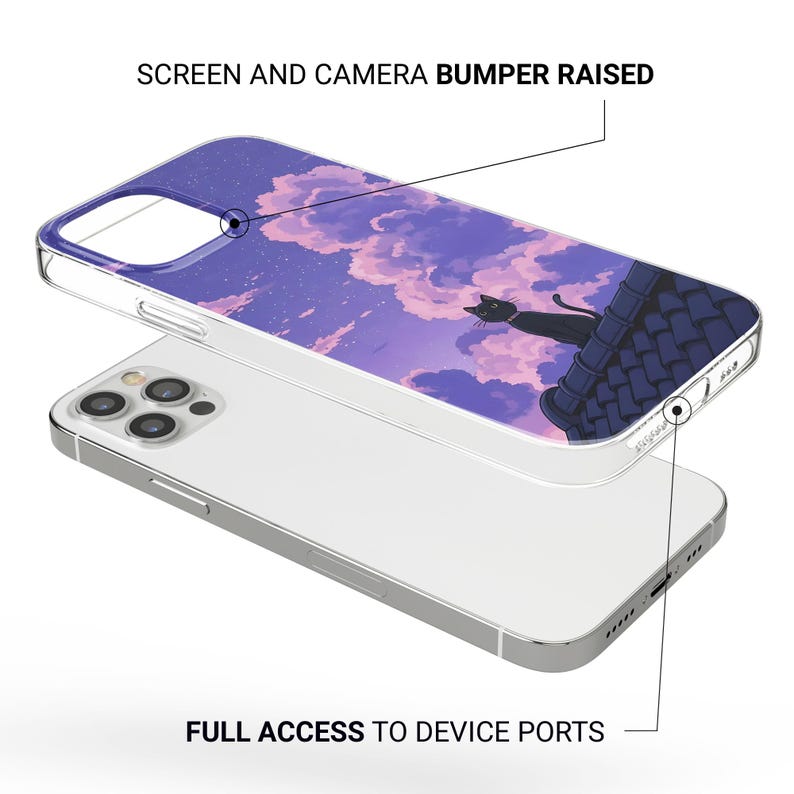 May include: A clear phone case with a purple and pink sky and a black cat silhouette. The case has a raised edge around the screen and camera to protect the phone from drops. The text "SCREEN AND CAMERA BUMPER RAISED" is at the top of the image. The text "FULL ACCESS TO DEVICE PORTS" is at the bottom of the image.