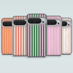 May include: Five phone cases with vertical stripe patterns in various colors: orange, coral, green, pink, and peach. The cases have a clear border and a camera cutout.