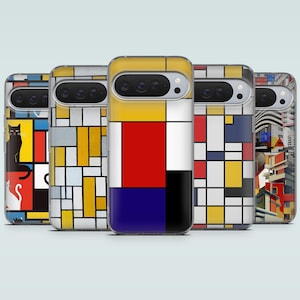 May include: Five smartphone cases arranged in a row, each featuring distinct geometric patterns. Designs include abstract grids with red, yellow, blue, white, and black blocks, a cat illustration, and a multi-layered architectural collage.