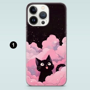 May include: A black cat with a surprised expression sits on a pink cloud with stars. The background is a dark blue with white stars.