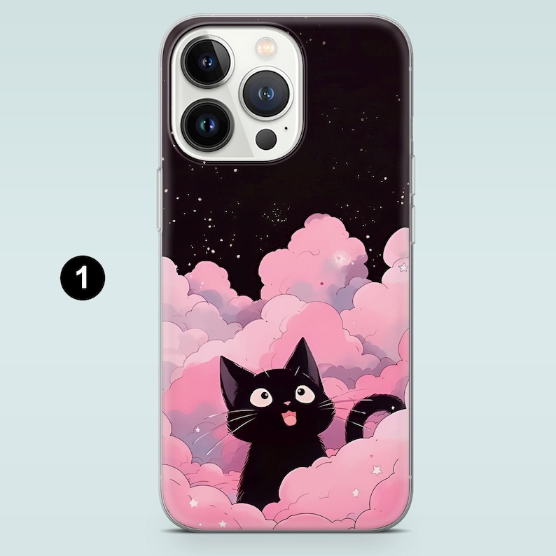 May include: A black cat with a surprised expression sits on a pink cloud with stars. The background is a dark blue with white stars.